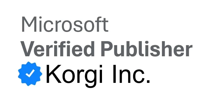 Badge that reads Microsoft Verified Publisher Korgi Inc. with a blue checkmark