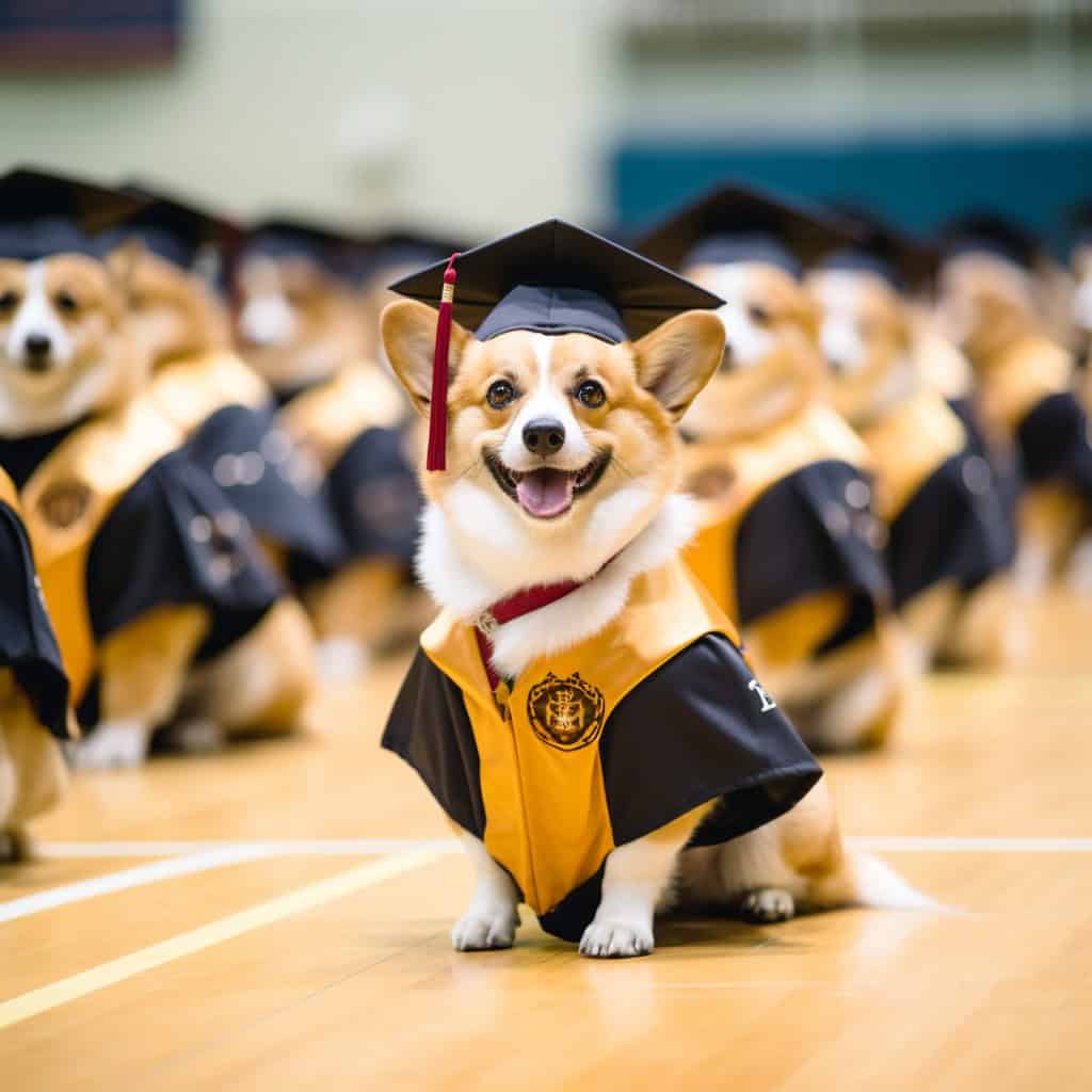 A Corgi sits in the front of a row of other Corgis. All are wearing graduation cap and gowns.