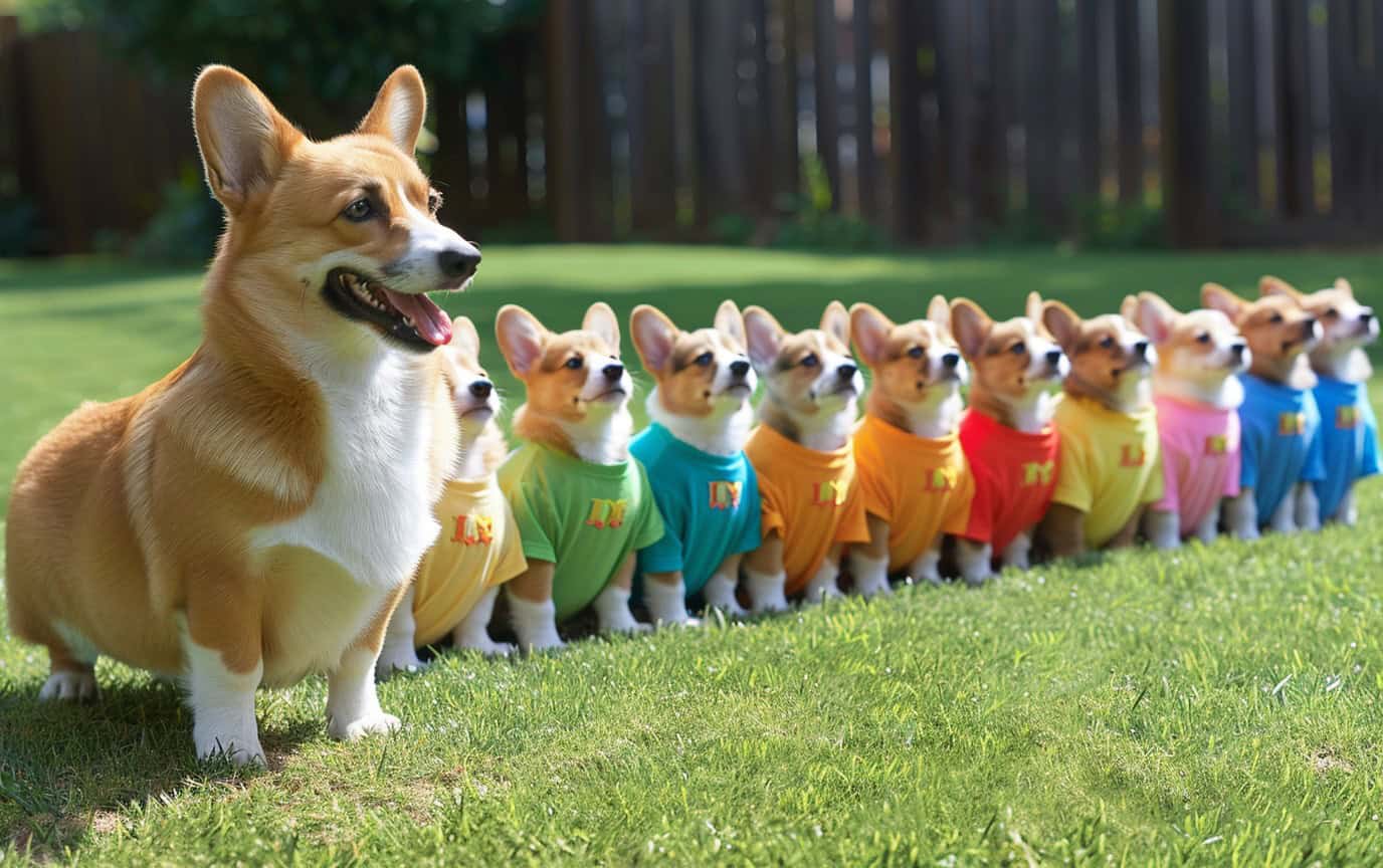 A Corgi sits to the left of a row of Corgi puppies wearing bright t-shirts, all sitting in a field.