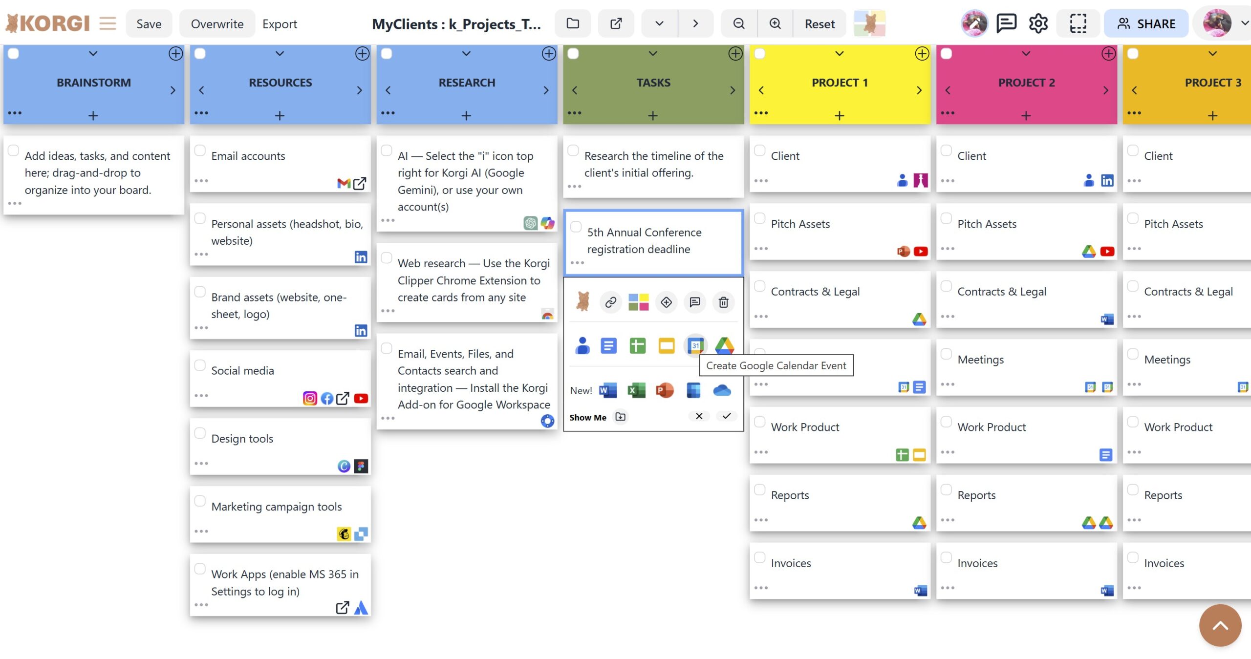 Multi-colored top-row cards for Brainstorm, Tasks, Project 1 and more with columns of white cards with contents and website and popular file icons on them.