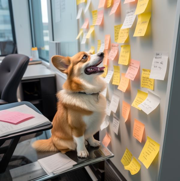 A Corgi sits on a desk staring at neatly organized sticky notes on the wall.