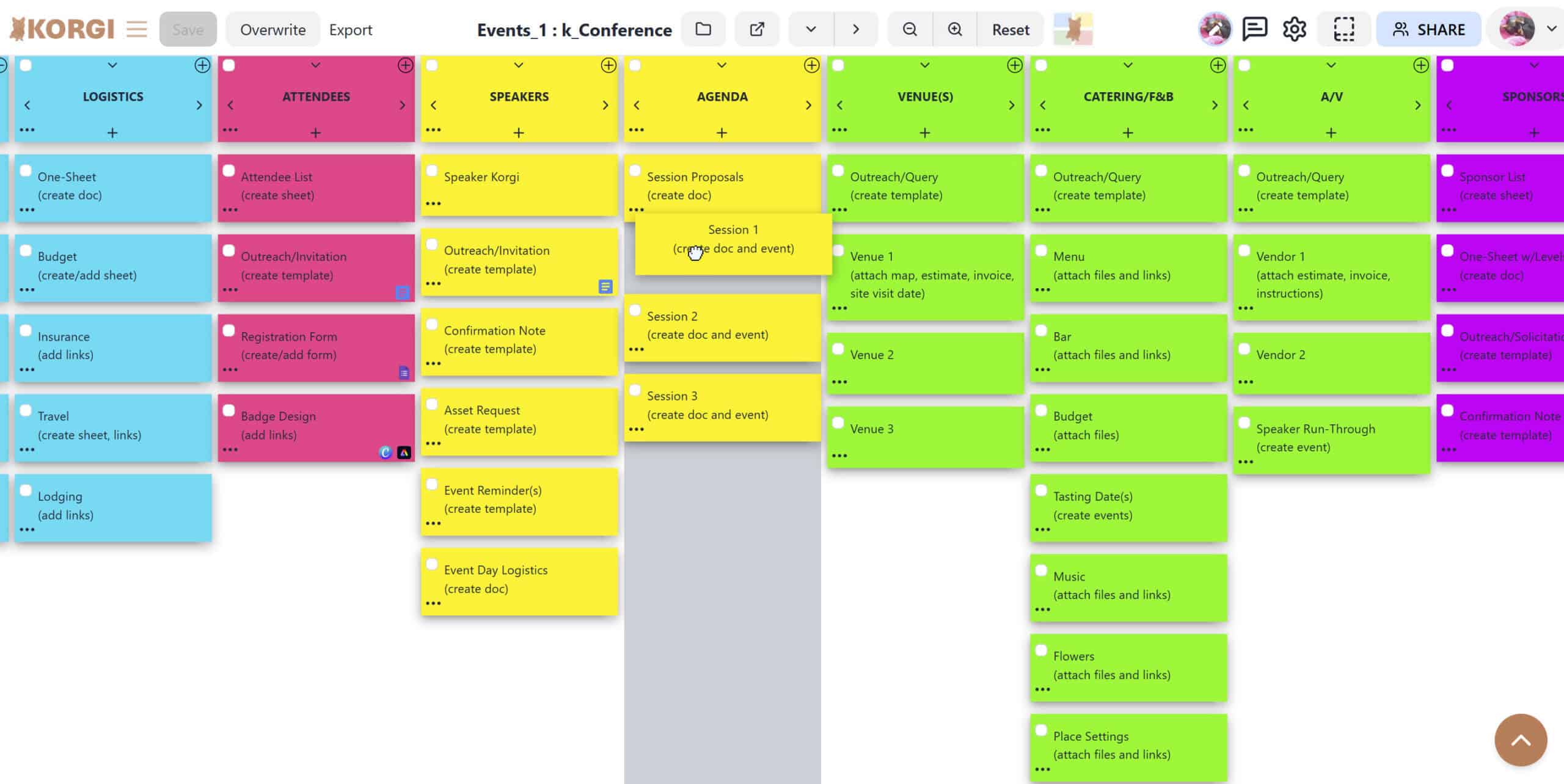 A digital board displays columns and rows of colorful cards with steps for planning a conference and icons indicating links for websites and documents on some of the cards.