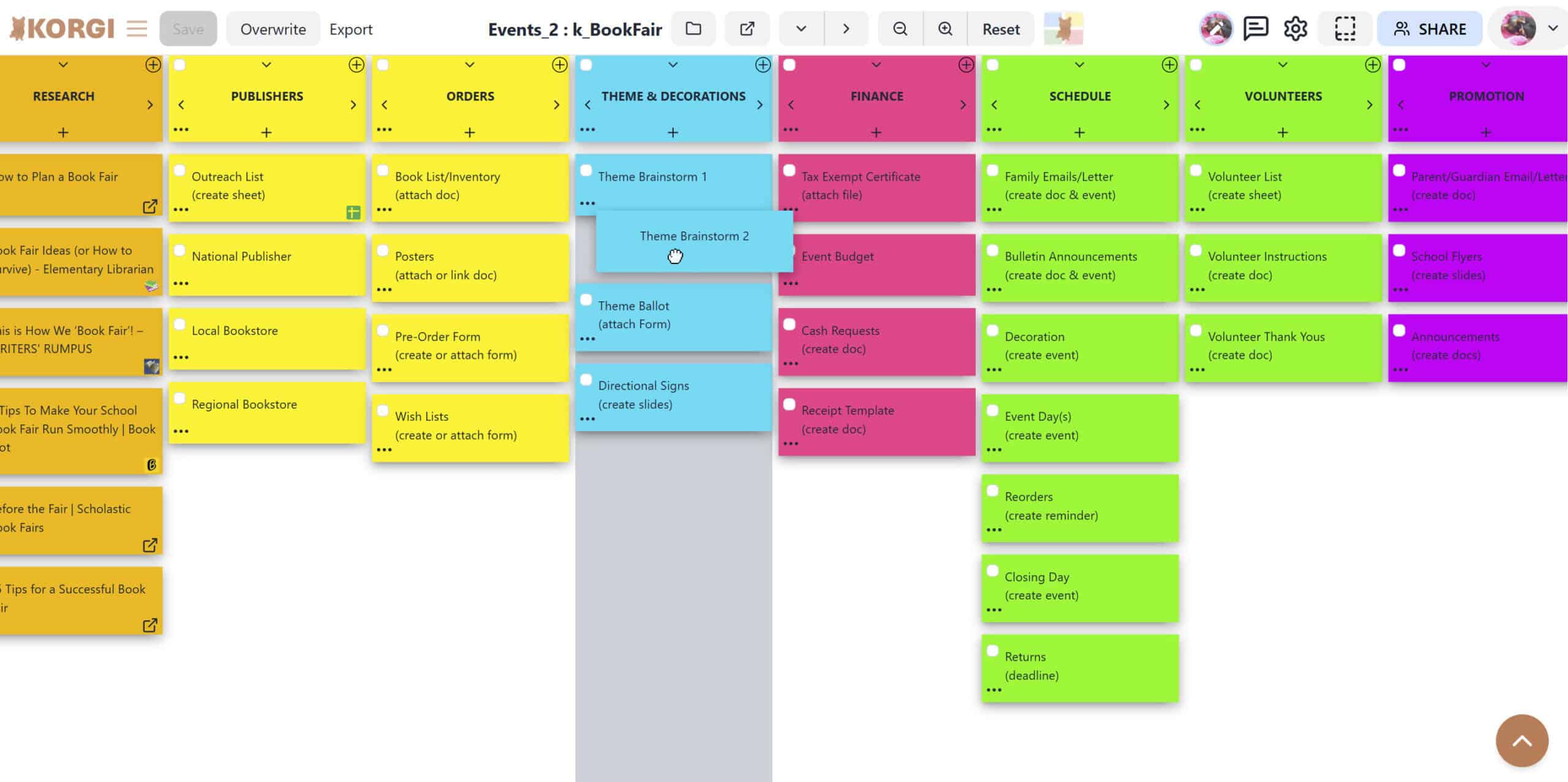 A digital board displays columns and rows of cards with steps for preparing a lesson plan and icons indicating links for websites and documents on some of the cards.