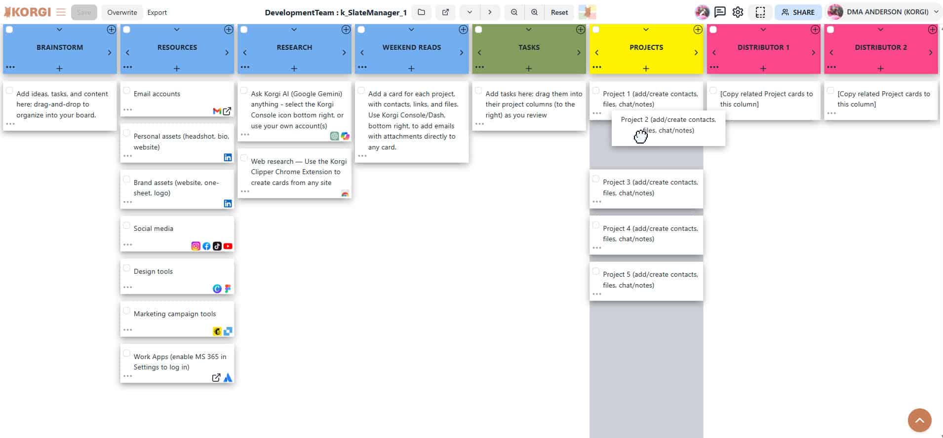 A white board with white and colored index cards on it with columns and cards for brainstorm ideas, research, weekend reads, tasks, project names, and distributors.