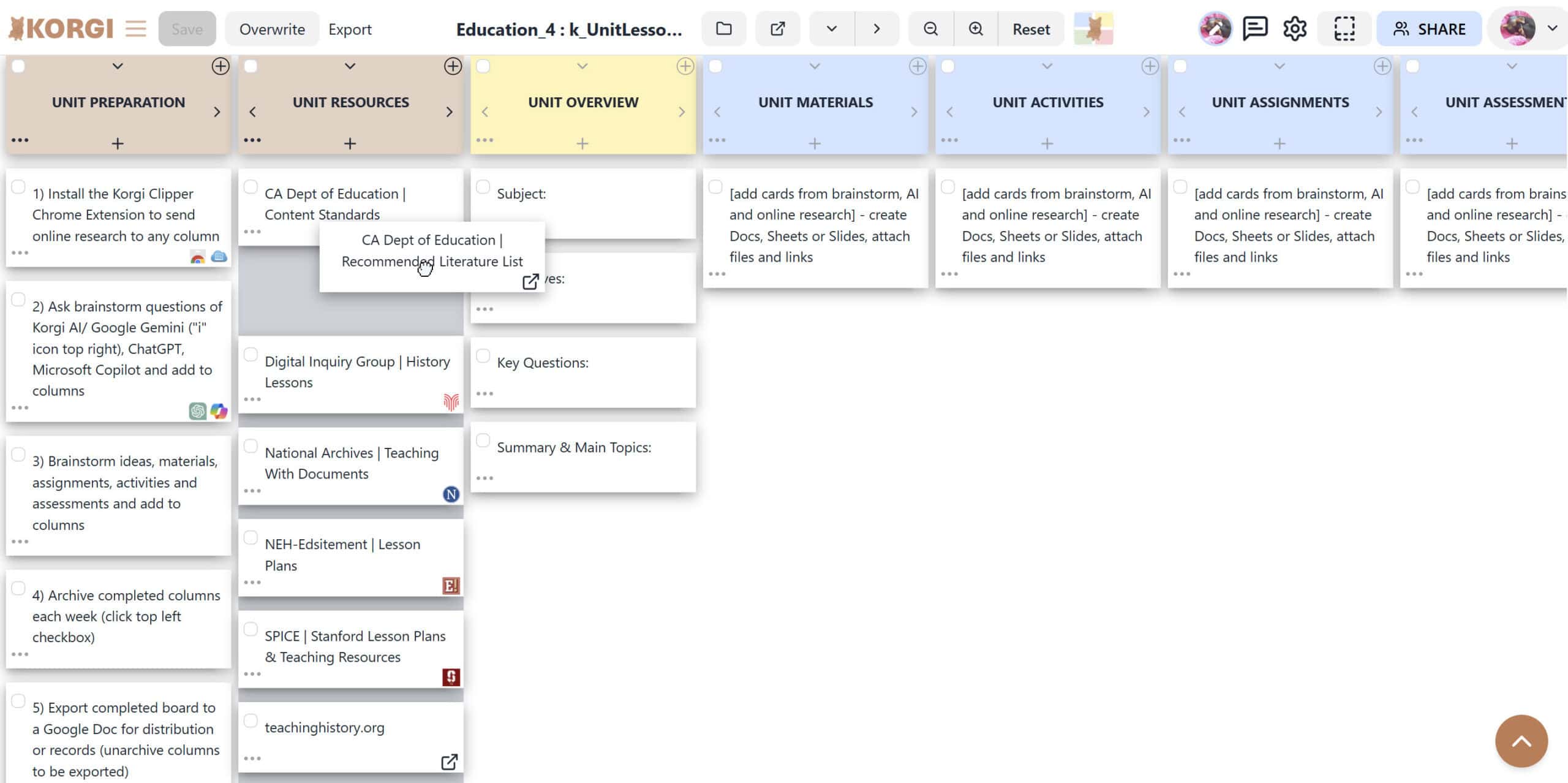 A digital board displays columns and rows of cards with steps for preparing a lesson plan and icons indicating links for websites and documents on some of the cards.