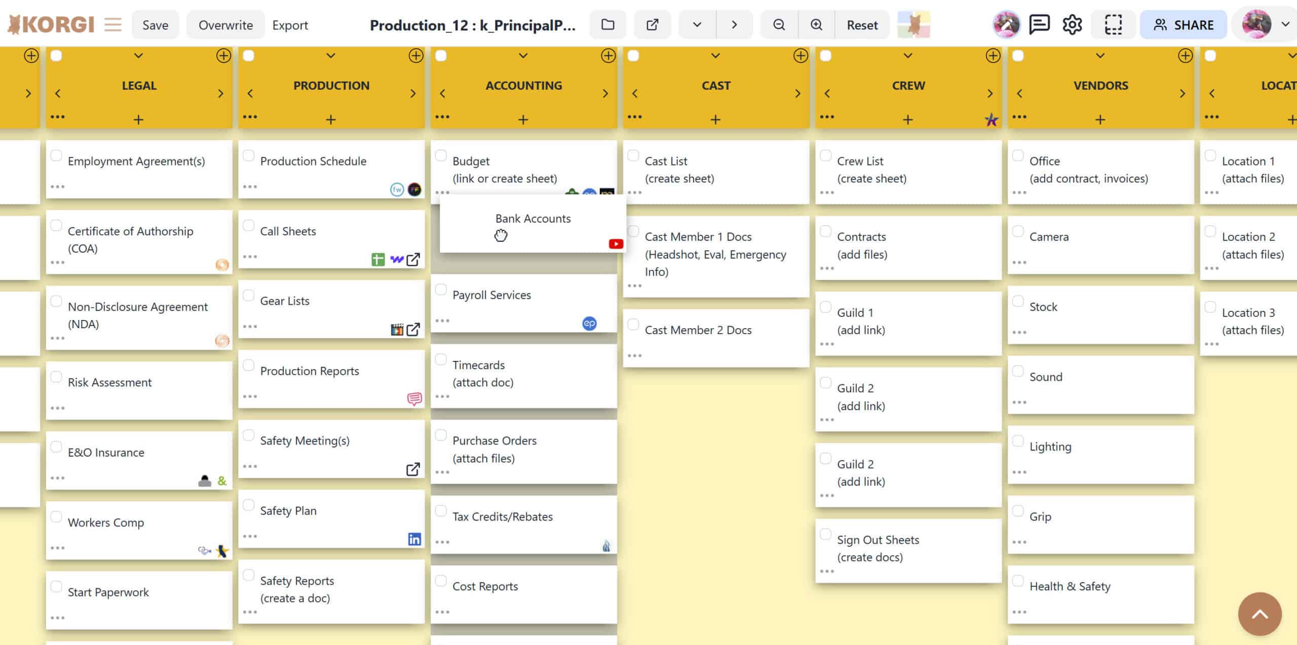 A digital board displays columns and rows of cards with steps for launching and managing a company and organizing business documents, as well as icons indicating links for websites and documents on some of the cards.