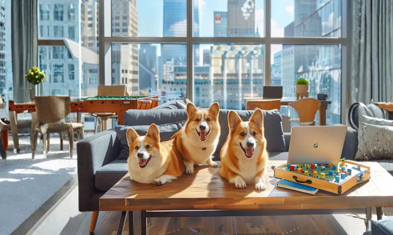 three corgis lie on a table next to a game and a laptop, with a foosball table behind them, in an open office space with high glass windows and a city skyline behind them.