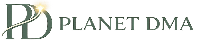 A capital letter P next to a capital letter D, divided by a glowing swoosh, followed by the words "Planet DMA"