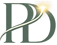 A green, stylized capital letter P and D, separated by a golden spark