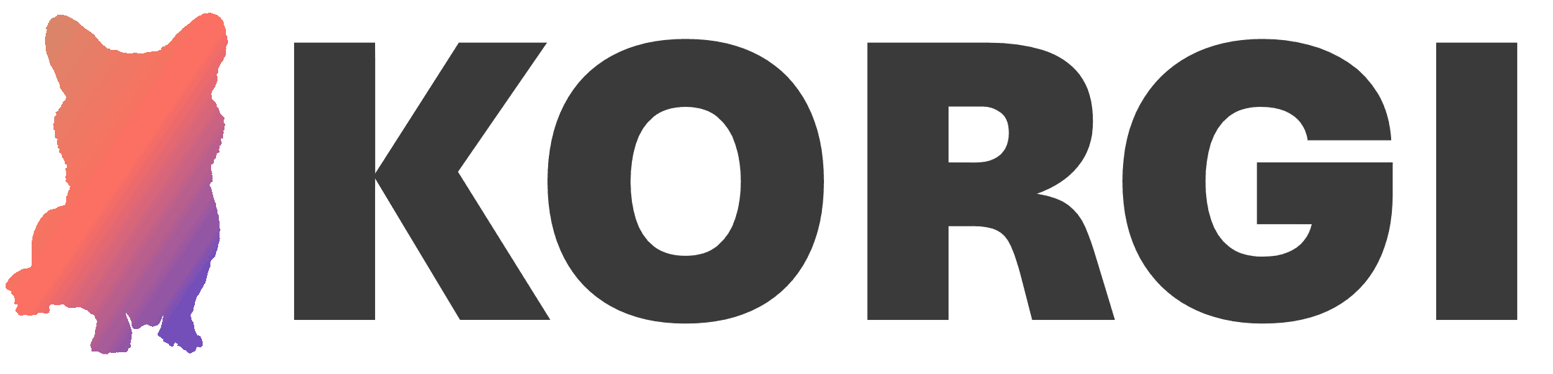 A mulitcolored icon of a seated Corgi next to the word "KORGI" in light black.